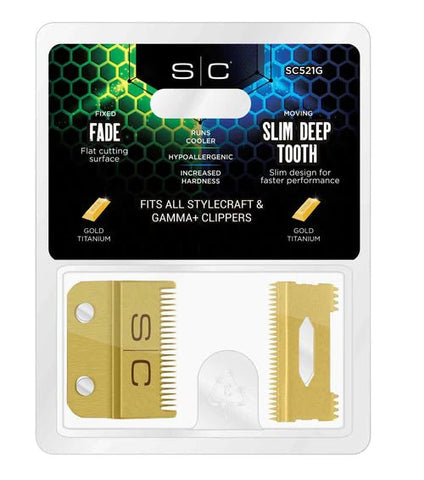 StyleCraft Fixed Gold Titanium Fade Replacement Clipper Blade w/ Gold Titanium Moving Slim Deep Tooth Cutter Set (SC521G)