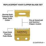 Gamma+ Fixed Gold Titanium Fade Replacement Clipper Blade w/ Moving Gold Titanium Slim Tooth Cutter Set (GP521G)