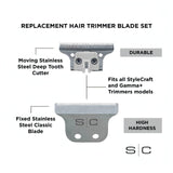 StyleCraft Fixed Stainless Steel Trimmer Blade w/Stainless Steel Deep-Tooth Cutter (SC522S)