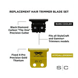 StyleCraft Fixed X-PRO Gold Titanium Replacement Trimmer Blade w/ Black Diamond Carbon DLC Deep Tooth Cutter Set SC523GB